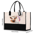 Personalizzato fiore Highland mucca grande tela Tote Bag con nome e nastro viaggio Essentials Compleanno regalo di Natale per le donne