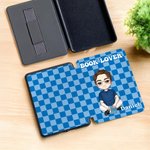 Personalized Reading Cartoon Character Checkerboard Pattern Kindle Page Turner Case with Name and Text Birthday Gift for Reader Book Lover