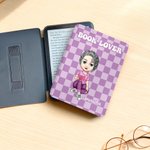 Personalized Reading Cartoon Character Checkerboard Pattern Kindle Page Turner Case with Name and Text Birthday Gift for Reader Book Lover