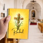Personalised Cross Birth Flower A5 Journal Notebook with 120 Lined Pages and Name Back to School Birthday Gift for Christian Student