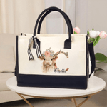 Personalizzato fiore Highland mucca grande tela Tote Bag con nome e nastro viaggio Essentials Compleanno regalo di Natale per le donne