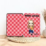 Personalized Reading Cartoon Character Checkerboard Pattern Kindle Page Turner Case with Name and Text Birthday Gift for Reader Book Lover