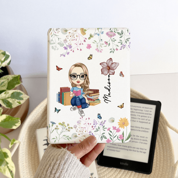 Funda Kindle Personalizada de Caricatura de Flor de Nacimiento con Nombre para Múltiples Modelos Uso Diario Regalo de Cumpleaños para Amante de los Libros Bookworm