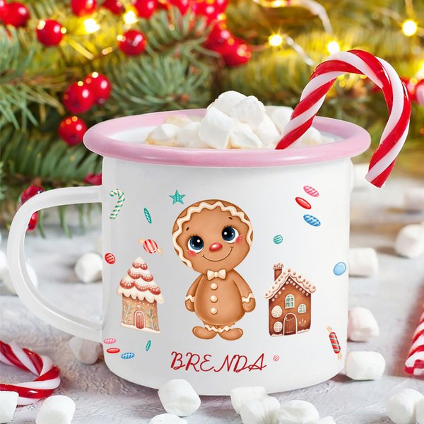 Tasse en émail personnalisée avec nom - Maison en pain d'épice - Cadeau de Noël pour garçons et filles