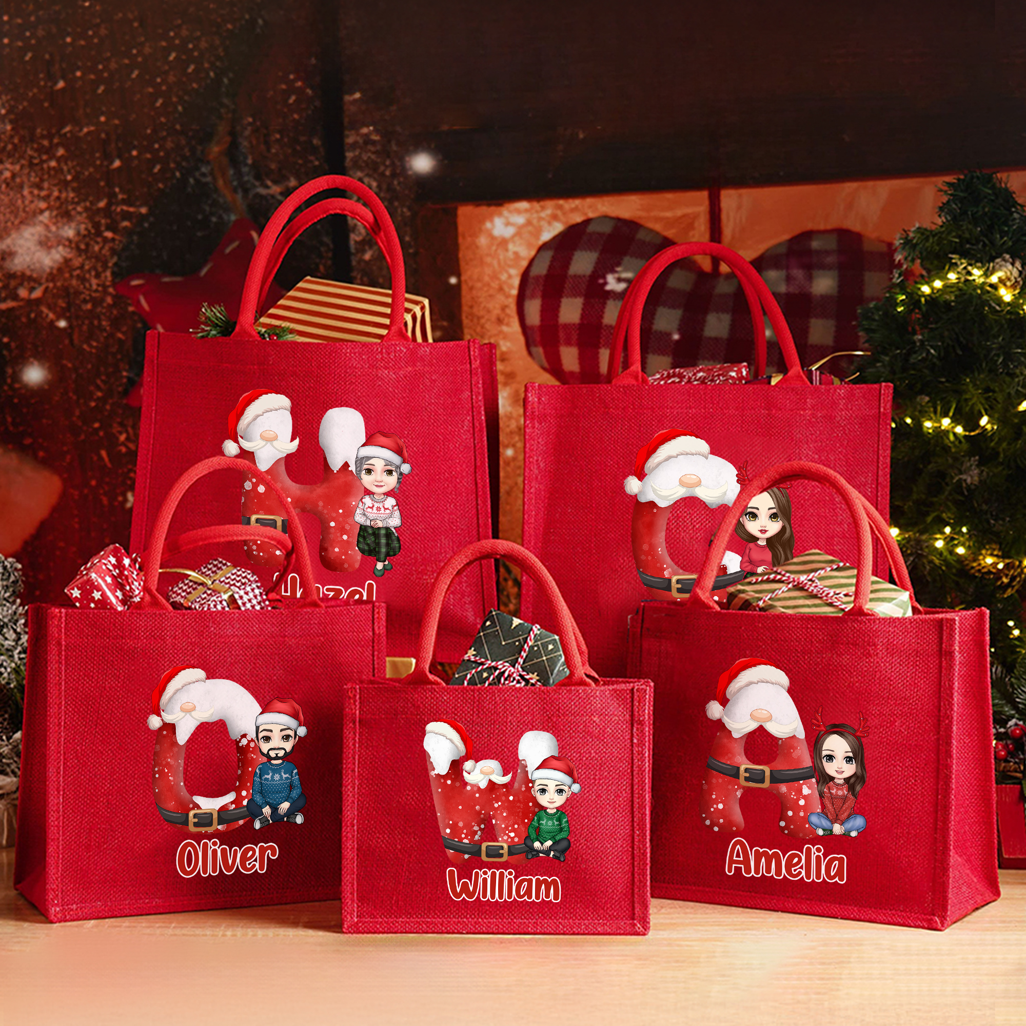 Sac en toile de jute avec nom Utilisation quotidienne Cadeau de Noël pour la famille