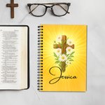 Personalised Cross Birth Flower A5 Journal Notebook with 120 Lined Pages and Name Back to School Birthday Gift for Christian Student