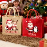 Personalized Cute Santa Character Large Red Jute Tote Bag with Name Daily Use Christmas Party Gift for Family Friends