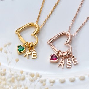 Personalised Heart Birthstone Family Necklace with 1-6 Initial Christmas Valentine's Day Gift for Grandma Mom Woman
