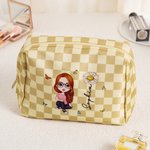 Personalisierte Schachbrettmuster Cartoon-Figur Kosmetiktasche aus PU-Leder mit Geburtslume Namen Reisezubehör Geburtstag Geschenk für Damen Mädchen