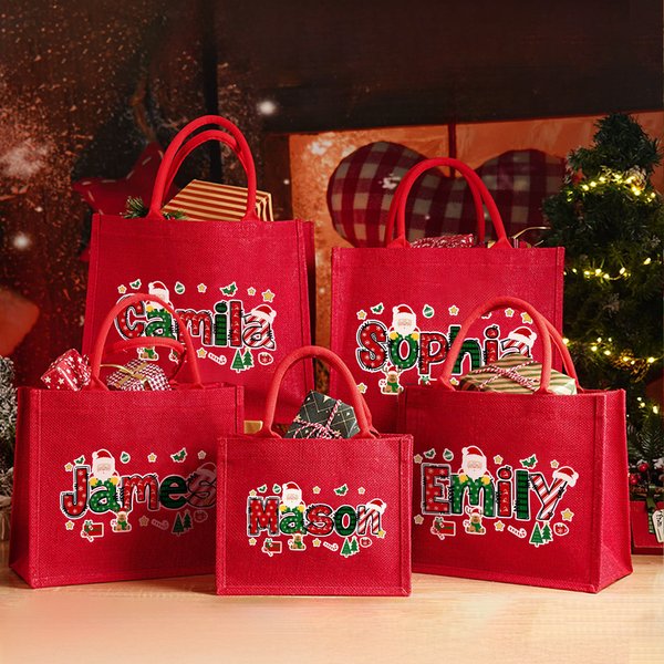 Personalised Santa Claus Christmas Theme Alphabet Large Jute Tote Bag with Name Christmas Festival Party Gift for Kids Family Friends