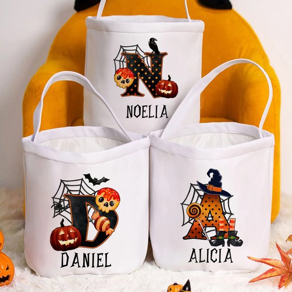 Bolsa reutilizable personalizada de calabaza con asa e inicial para dulces y fiesta de truco o trato regalo de Halloween para niños