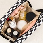 Personalisierte Schachbrettmuster Cartoon-Figur Kosmetiktasche aus PU-Leder mit Geburtslume Namen Reisezubehör Geburtstag Geschenk für Damen Mädchen