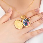 Personalized  Birthstone Photo Locket Necklace with Cross or Initial Charm Dainty Jewelry Birthday Christian Gift for Women