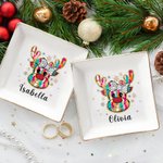 Personalized Ceramic Faux Glitter Christmas Elk Square Trinket Jewellery Dish with Name Christmas Gift for Women Girls