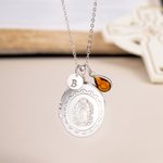 Personalized  Birthstone Photo Locket Necklace with Cross or Initial Charm Dainty Jewelry Birthday Christian Gift for Women