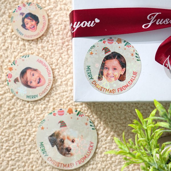 Personalized Santa Hat Face Photo Waterproof Glitter Confetti Stickers with Name Gift Decor Christmas Party Favor for Family Friends