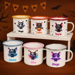Taza personalizada de esmalte con nombre estrella y murciélago de dibujos animados de 355 ml con borde multicolor regalo de Halloween para niños