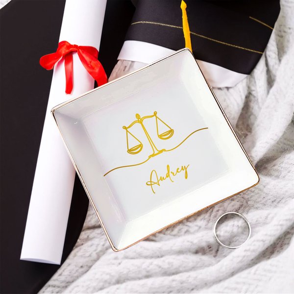 Personalized Scales of Justice Ceramic Dish Jewellery Dish with Name Birthday Graduation Gift for Lawyers Law School Graduates