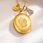 Personalized  Birthstone Photo Locket Necklace with Cross or Initial Charm Dainty Jewelry Birthday Christian Gift for Women