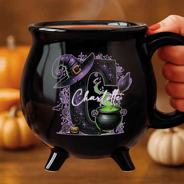 Personalised Magic Pot and Witch Hat Glitter Initial Black Cauldron Ceramic Coffee Mug with Name Trick or Treat Halloween Party Gift for Women Kids