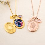 Personalized  Birthstone Photo Locket Necklace with Cross or Initial Charm Dainty Jewelry Birthday Christian Gift for Women