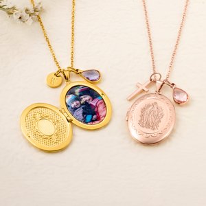 Personalized Birthstone Photo Locket Necklace with Cross or Initial Charm Dainty Jewellery Birthday Christian Gift for Women