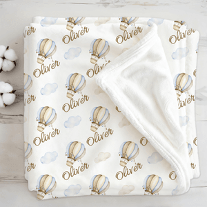 Couverture personnalisée avec nom pour l'avion, la montgolfière et les nuages Cadeau d'anniversaire, de douche et de Noël pour les bébés et les enfants.