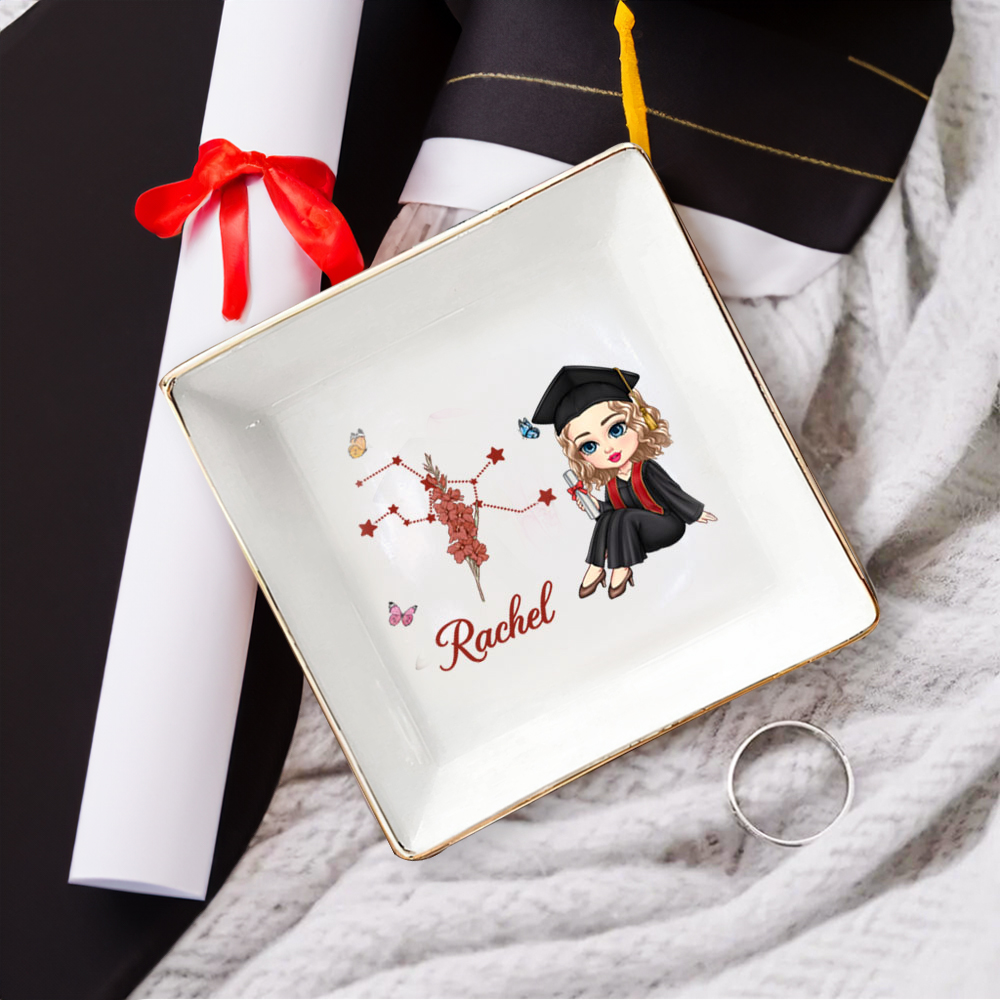 Cadeau d'anniversaire pour femmes - Horoscope - Fleur de naissance - Carré - Plat à bijoux personnalisé avec nom