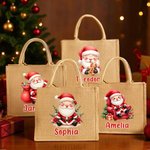 Personalized Cute Santa Character Large Red Jute Tote Bag with Name Daily Use Christmas Party Gift for Family Friends
