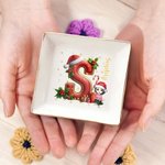 Personalized Santa Hat Initial Cartoon Character Ceramic Trinket Jewelry Dish with Name  Birthday Christmas Gift for Women
