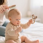 Gepersonaliseerde schattige gehaakte dieren baby rammelaar fopspeen Clip Swaddle kam set met gegraveerde naam en geschenkdoos Baby Shower verjaardagscadeau voor pasgeborene