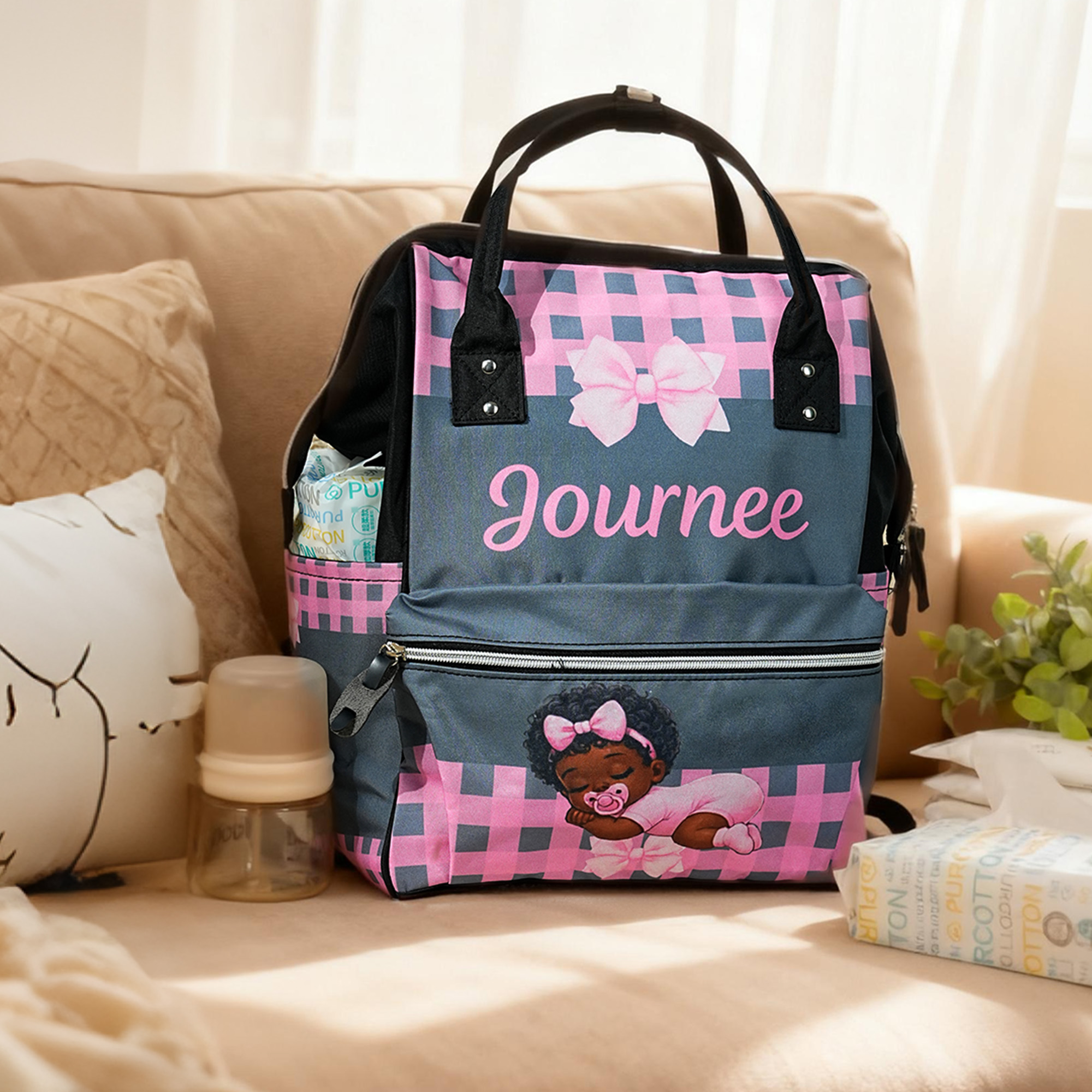 Sac à langer personnalisé en toile avec nœud rose et nom Cadeau de fête des mères pour maman noire