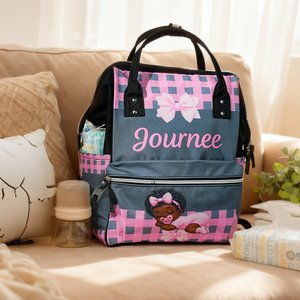 Personalised Pink Bow Large Capacity Canvas Nappy Bag with Name Baby Shower First Mother's Day Gift for Black Mom