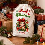 Personalised Merry Christmas Cute Cartoon Elf Canvas Drawstring Gift Bag with Name Christmas Party Favors for Kids Family