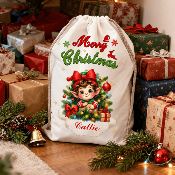Gepersonaliseerde Vrolijk Kerstfeest Leuke Cartoon Elf Canvas Drawstring Gift Bag met Naam Kerstfeest Gunsten voor kinderen familie