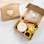 Gepersonaliseerde schattige gehaakte dieren baby rammelaar fopspeen Clip Swaddle kam set met gegraveerde naam en geschenkdoos Baby Shower verjaardagscadeau voor pasgeborene