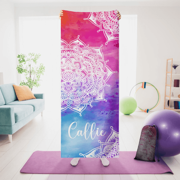 Personalized Watercolor Lotus Datura Flower Super Absorbent Yoga Towel with Name and Pocket Sports Accessories Birthday Gift for Woman