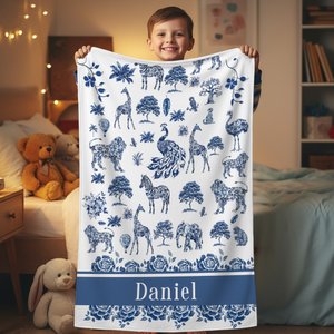 Personalised Toile De Jouy Zebra Giraffe Wild Animals Soft Throw Blanket with Name Home Decor Birthday Christmas Gift for Kid Family