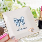 Personlig blå rosett fyrkantig rund keramisk smyckesskål med namn heminredning födelsedag årsdag present till kvinnor smyckesentusiaster