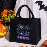 Bolso tote personalizado de yute con diseño adorable de bruja de dibujos animados lazo e inicial regalo de fiesta de Halloween para niñas y mujeres
