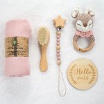 Gepersonaliseerde schattige gehaakte dieren baby rammelaar fopspeen Clip Swaddle kam set met gegraveerde naam en geschenkdoos Baby Shower verjaardagscadeau voor pasgeborene