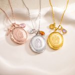 Personalized  Birthstone Photo Locket Necklace with Cross or Initial Charm Dainty Jewelry Birthday Christian Gift for Women