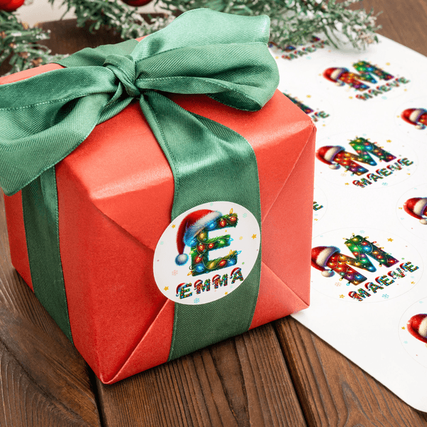 Personalised Santa Hat Colour Lights Waterproof Sticker with Initial Name Gift Decoration Christmas Party Gift for Family Kids