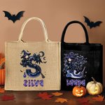 Bolso tote personalizado de yute con diseño adorable de bruja de dibujos animados lazo e inicial regalo de fiesta de Halloween para niñas y mujeres