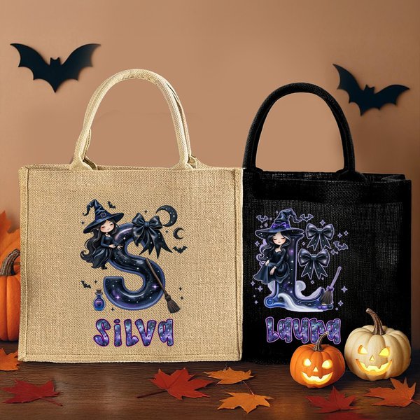 Bolso tote personalizado de yute con diseño adorable de bruja de dibujos animados lazo e inicial regalo de fiesta de Halloween para niñas y mujeres