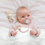 Gepersonaliseerde schattige gehaakte dieren baby rammelaar fopspeen Clip Swaddle kam set met gegraveerde naam en geschenkdoos Baby Shower verjaardagscadeau voor pasgeborene