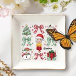 Personalised Christmas Bow Snowman Cartoon Square Trinket Jewellery Dish with Name Festival Home Decor Christmas Wedding Gift for Women Girls