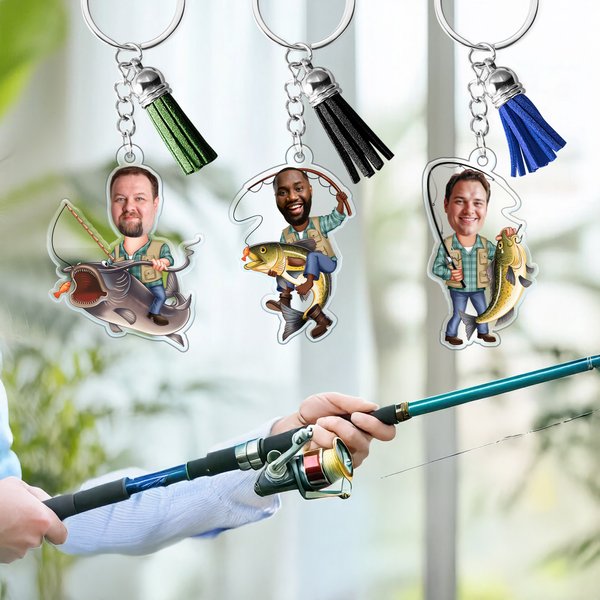 Personalized Face Photo Cartoon Fishing Design Acrylic Keychain with Tassel Father's Day Birthday Gift for Fishing Enthusiasts Men
