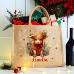 Chapeau de Père Noël personnalisé Vache Holly Flocon de neige Grand sac en toile de jute réutilisable avec nom Cadeau de Noël pour la famille Enfants