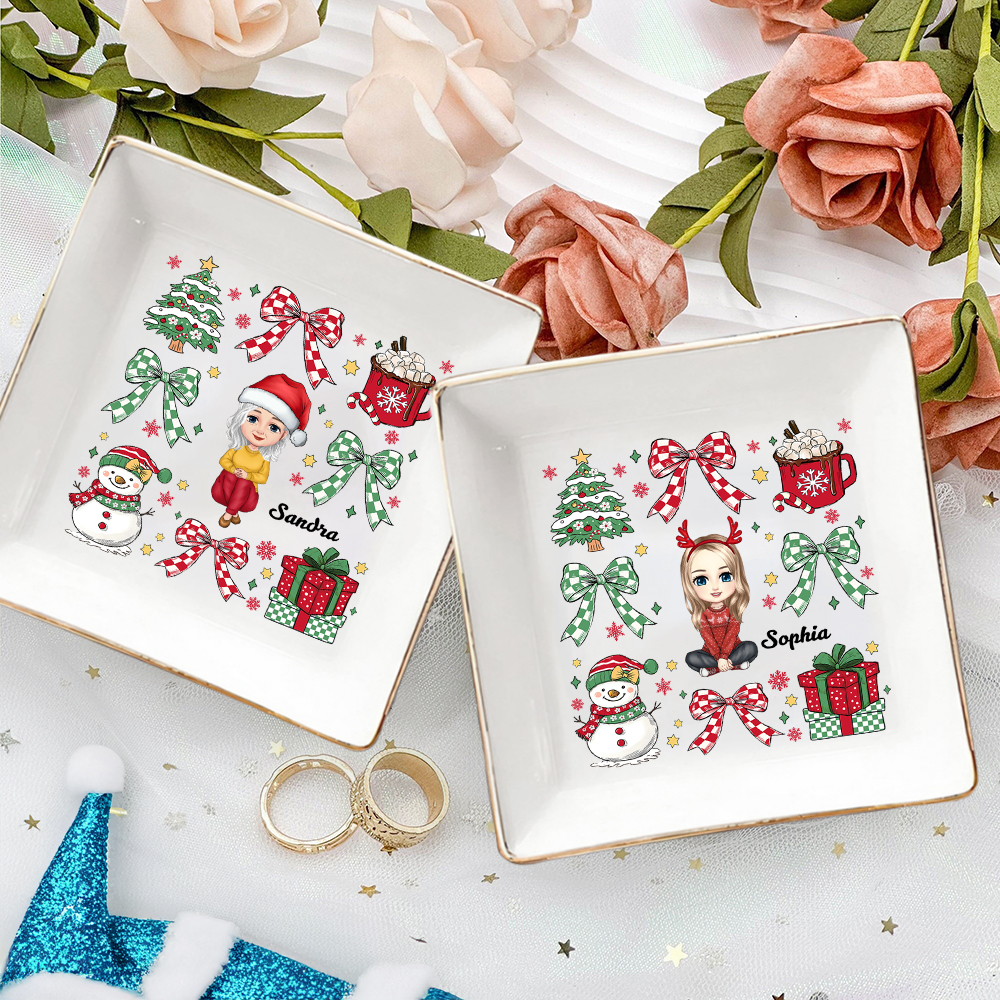 Coffret à bijoux carré personnalisé avec nom et nœud Bonhomme de Neige en dessin animé Décoration intérieure Noël Cadeau de mariage pour femmes filles